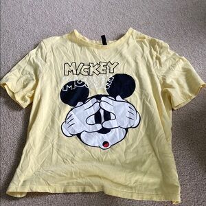 Divided Yellow Short Sleeve Tee with Mickey Mouse Design